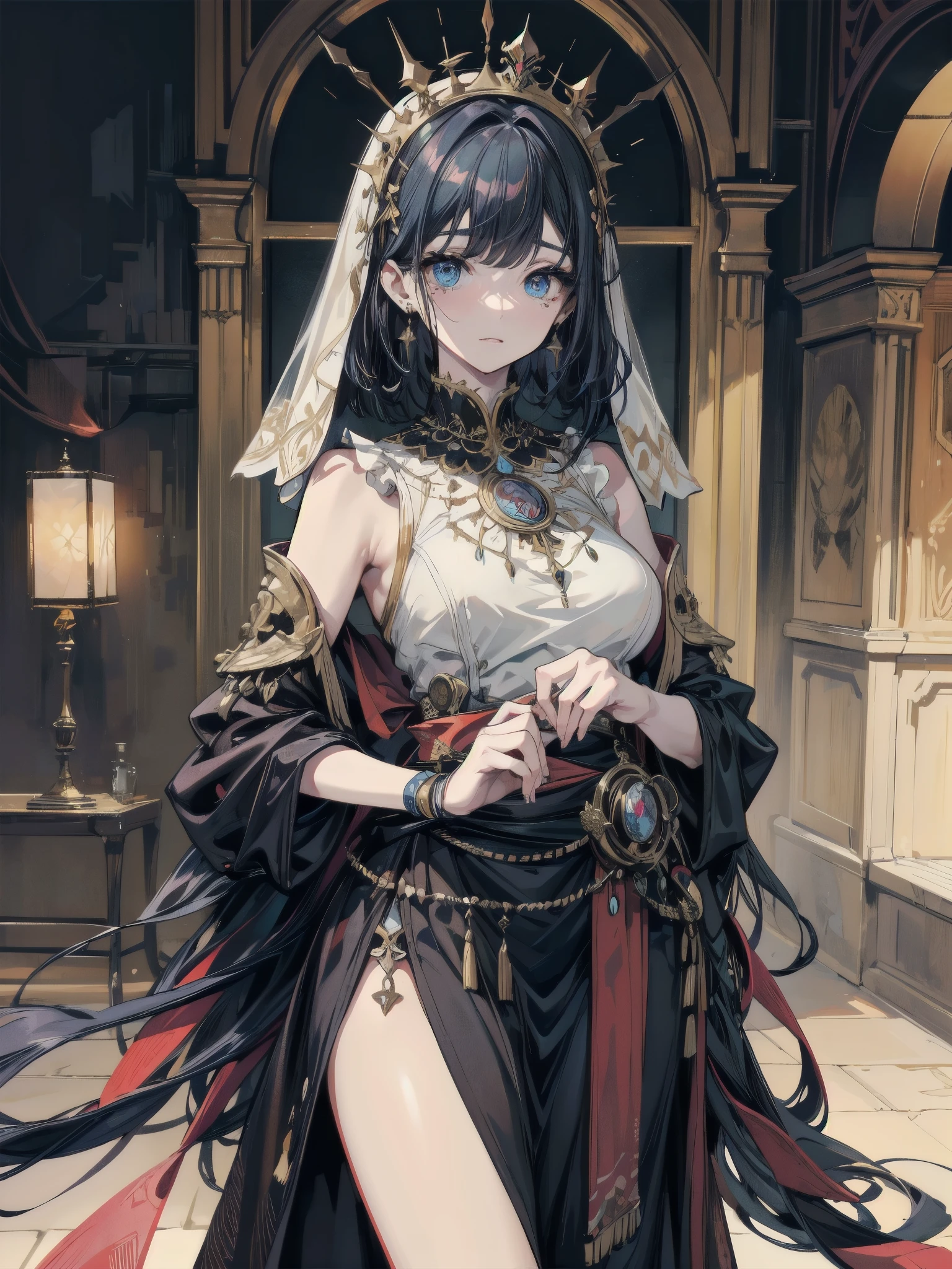 medium hair, big tits, tearful mole, earring, full body, fortune teller robes, in gipsy tent, skirt, face veil, robe, cloak,
