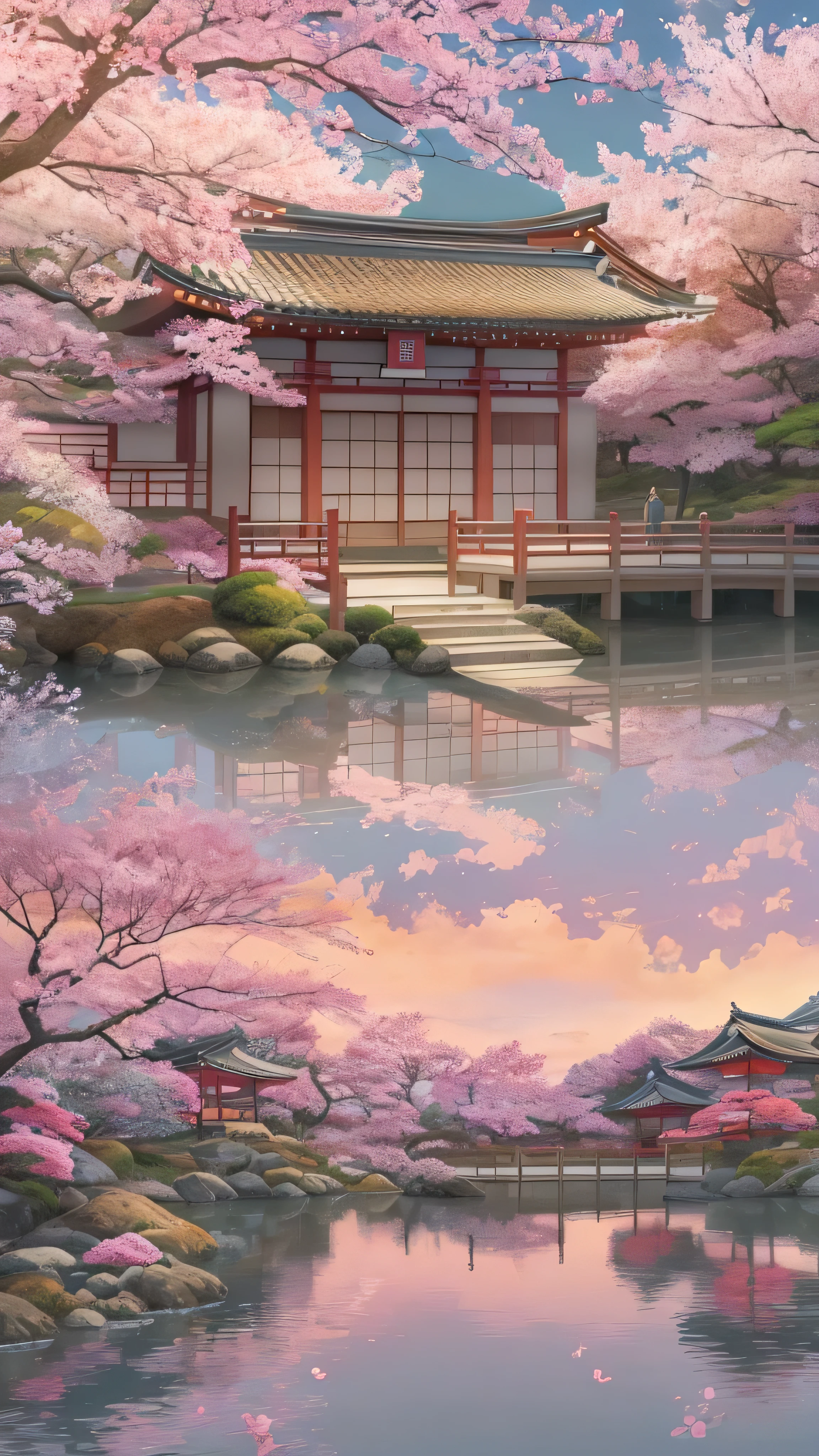 ( digital paint),( top quality ), Ukiyo-e's Quiet Japanese Garden , Cherry blossom viewing spots, Carp Pond,  Ukiyo-e Style Pastel Color Scheme,  soft lighting on the body, golden hour,  quiet vibe ,