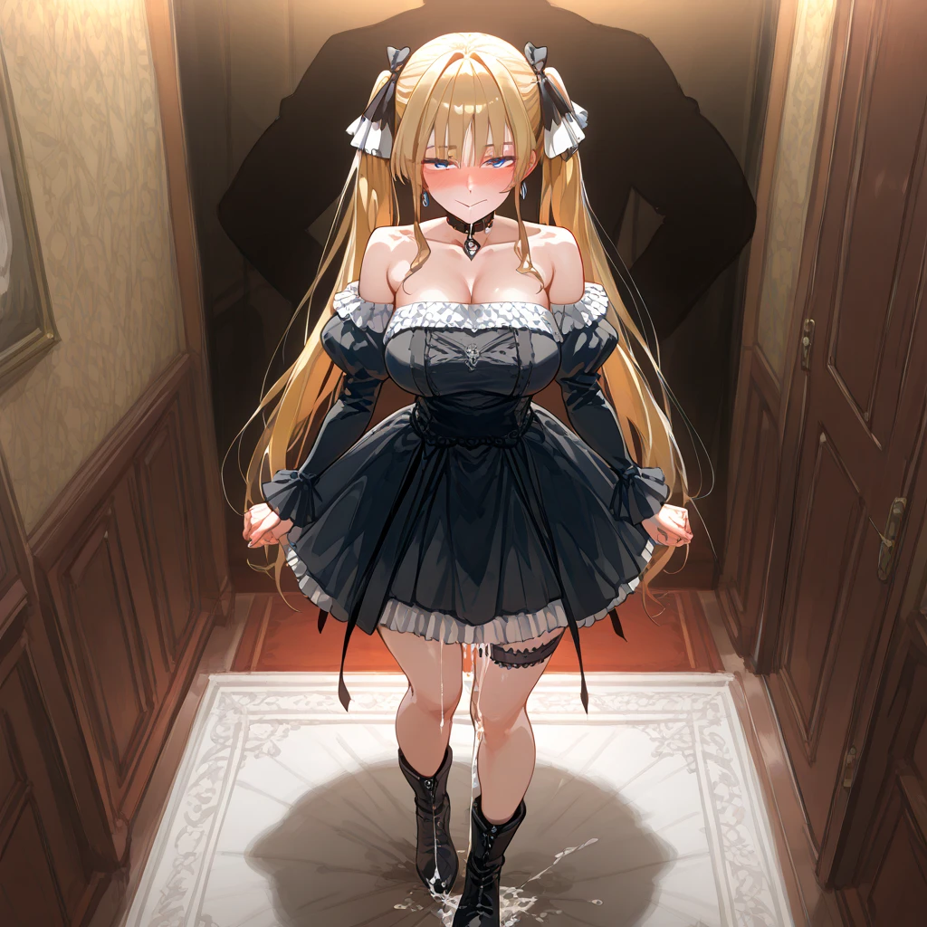 Masterpiece, best quality, Amazing quality, is drinking the highest, absurd, recent, sight, for you., anime coloring, expressive,shippshadow, penis shadow, blush, pursed lips, 1boy, silhouette, penis awe, huge penis, marierose, 1girl, bangs, bare shoulders, big breasts, black choker, black dress, black ribbon, blonde hair, blue eyes, boots, breasts, choker, collarbone, detached sleeves, dress, earrings, frills, full body, hair ribbon, indoors, long hair, long sleeves, looking at viewer, medium breasts, ribbon, solo, standing, thigh strap, twintails, very long hair, High Closeup, 시청자를 바라보고 있는, Delicate and delicate face, Wicked smile, huge, break masterpiece, best quality, Amazing quality, is drinking the highest, absurd, recent, sight,  cum dripping from the chin, 