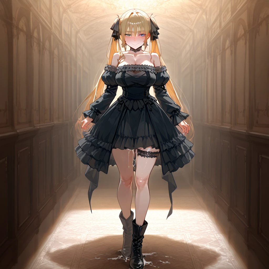 Masterpiece, best quality, Amazing quality, is drinking the highest, absurd, recent, sight, for you., anime coloring, expressive,shippshadow, penis shadow, blush, pursed lips, 1boy, silhouette, penis awe, huge penis, marierose, 1girl, bangs, bare shoulders, big breasts, black choker, black dress, black ribbon, blonde hair, blue eyes, boots, breasts, choker, collarbone, detached sleeves, dress, earrings, frills, full body, hair ribbon, indoors, long hair, long sleeves, looking at viewer, medium breasts, ribbon, solo, standing, thigh strap, twintails, very long hair, High Closeup, 시청자를 바라보고 있는, Delicate and delicate face, Wicked smile, huge, break masterpiece, best quality, Amazing quality, is drinking the highest, absurd, recent, sight,  cum dripping from the chin, 