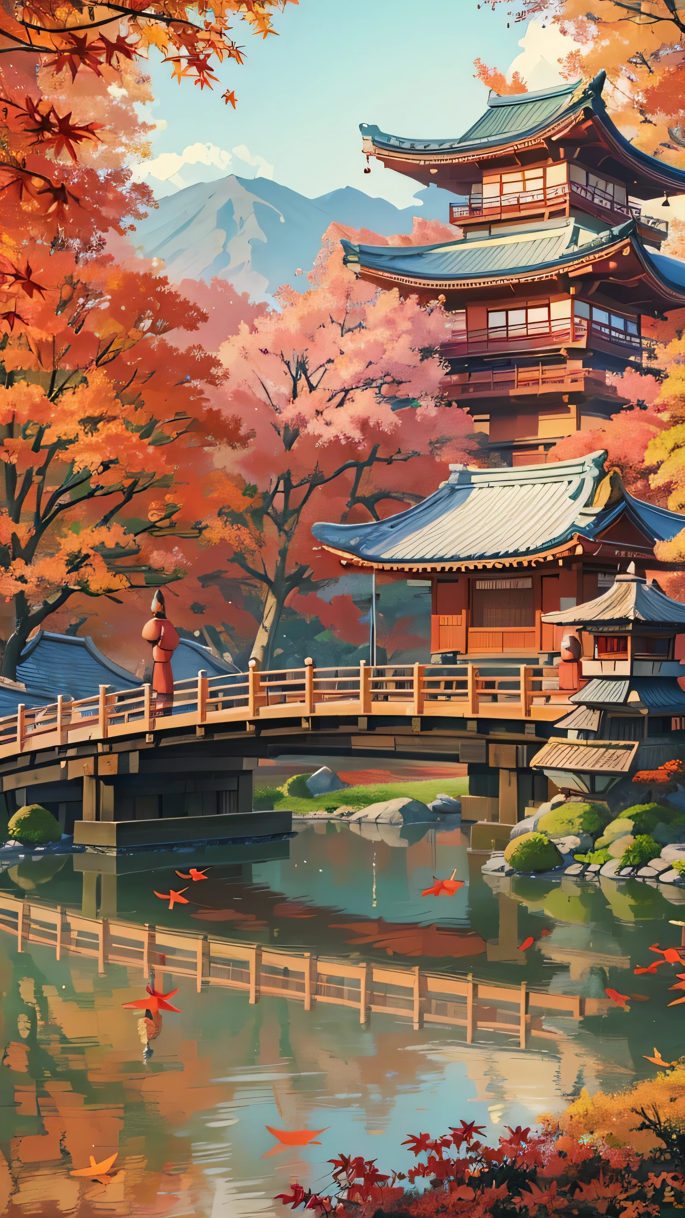 ( digital paint),( top quality ), Quiet Japanese garden, Bright red autumn leaves, Carp Pond, Pedestrian bridge, Pagoda, Ukiyo-e style, 8K ultra-realistic ,  Pastel Color Schemes,  soft lighting on the body, golden hour,  quiet vibe ,  landscape