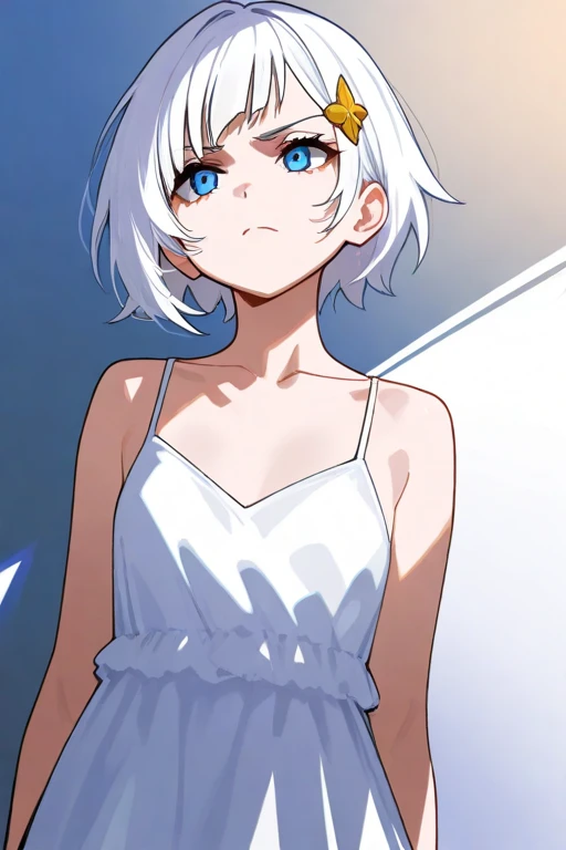 One girl, Solo, alone, blue eyes, black Micro Bikini, black pants, White Hair, short hair, night sky, Hair between the eyes, bangs, Mouth closed, Expressionless, (((Small breasts))), jacket