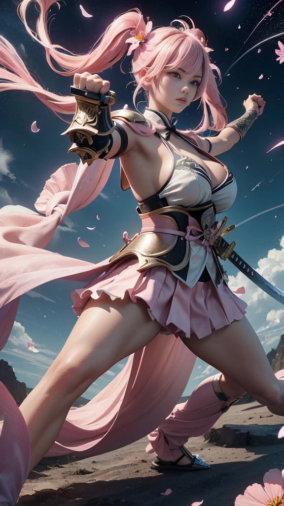  young woman, warrior,(wielding a katana_weapon:1.3), very detailedな, realisti,seductive smile,((Combat Stance:1.8)), ((cinematic angle)),  Brilliant Appearance , Creative Action,  extremely detailed, Imaginative,  sensual, spontaneous ,  top quality ,  skin texture, ((absurdly long hair,twintails)),((Pastel pink:1.6)), (led eyes), toned body ,(huge breasts:1.6), plump thighs, ( white pink armor with a cosmos flower pattern engraved ),(( leather samurai armor knight)), bikini type design that emphasizes chest exposure ,(sideboob),  Wear a white pink cape with a cosmos flower pattern , ((ruffled skirt:1.3)), White shin guard with a cosmos flower pattern engraved on it , Black high-leg underwear ,  Black Tights ,  absolute domain,  Intricate Details  , (( blue sky:1.3)),((Meteor shower:1.3)),(()), ((Cosmos flower petals background:1.3)), ((Cosmos flower petals:1.3)), ((Cosmos flower petals dancing in the wind:1.3)),( Cosmos flowers in full bloom ),(前面に Cosmos flowers in full bloom ), (confetti),  RAW photos , 8k, masterpiece,  top quality , ultra detail, very detailed,  Intricate Details  , high res,超 Intricate Details , very detailed 8k cg wallpaper,