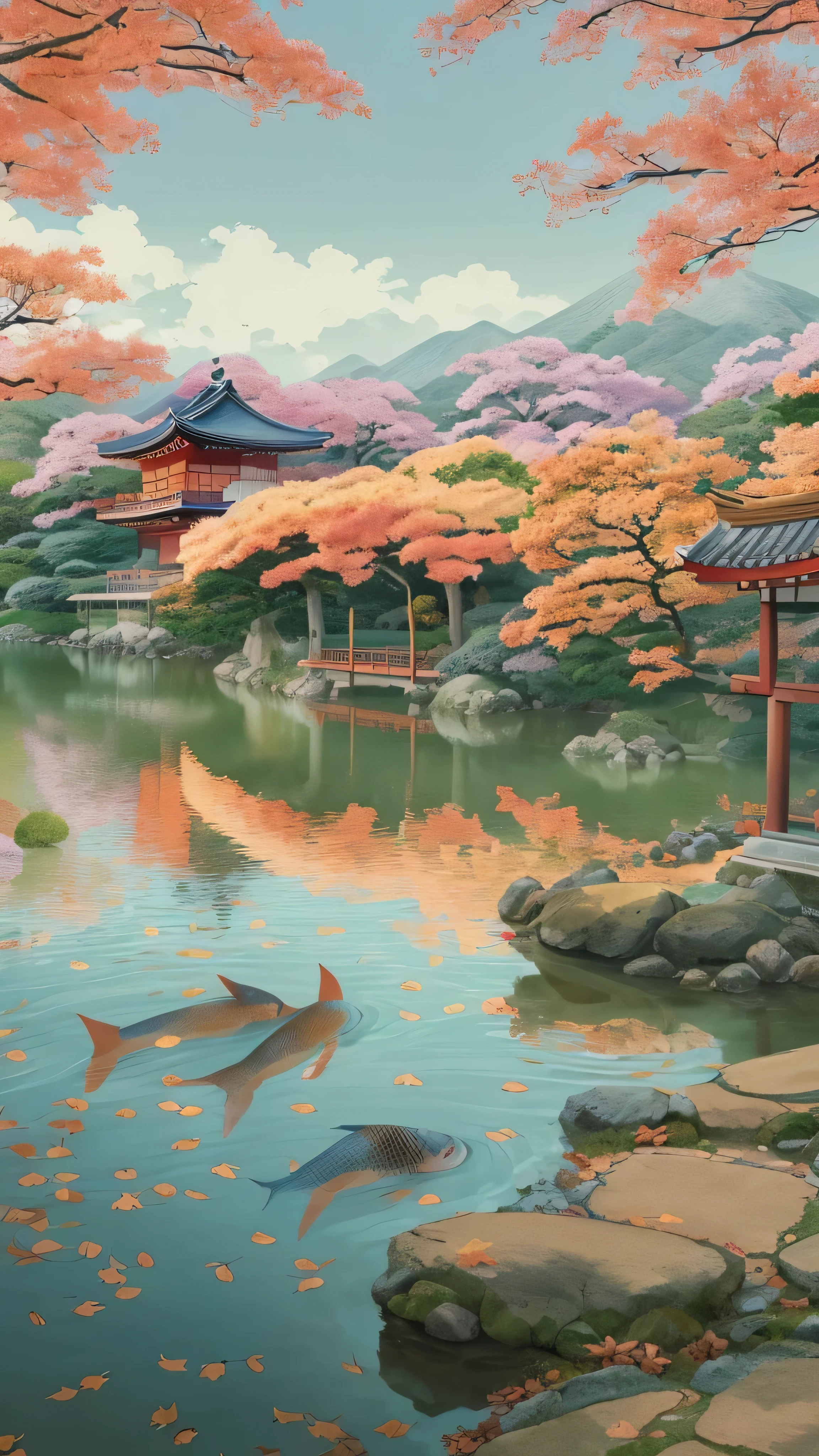 Painting of a japanese garden with a pond and a pagoda - SeaArt AI