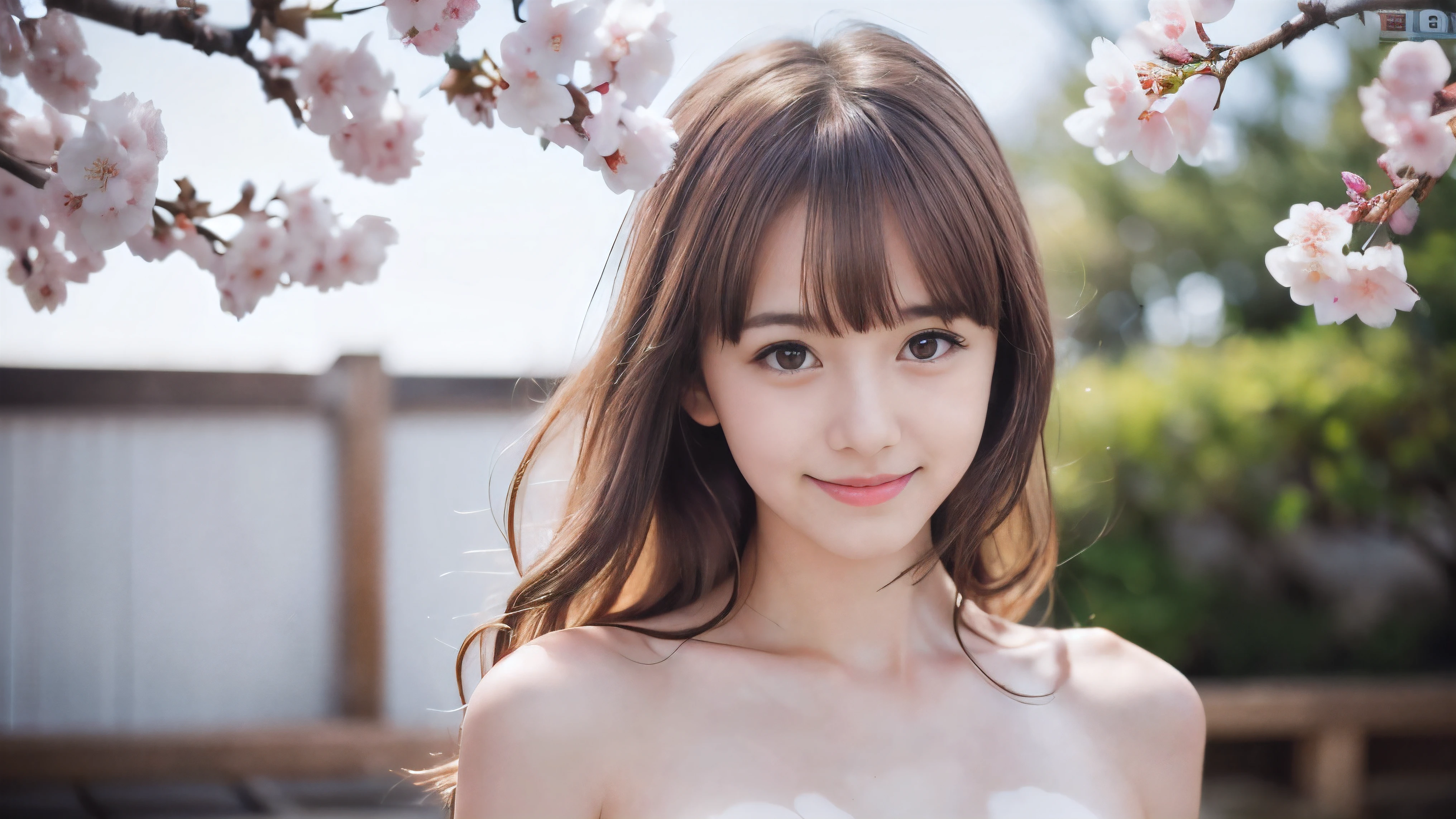 (High angle shot of a naked slender very small flat breasts red brown wavy long hair with dull bangs girl:1.5)、(Naked girl is soaking in a milky color Japanese onsen outdoors and looking up the sky with small smile:1.5)、(Outdoor Japanese onsen with milky white color and it has full bloom cherry blossoms:1.5)、(blurred background:1.5)、(Natural light:1.5)、(8k ultra detailed master piece:1.5)、(perfect anatomy:1.5)、(Photorealistic stick:1.5)、(Raw photo:1.3)、(highest quality:1.5)、(High resolution:1.3)、(Delicate and beautiful perfect face:1.3)、(Delicate and beautiful eye air skin:1.3)、(Real Human Skin:1.3)、((thin legs))