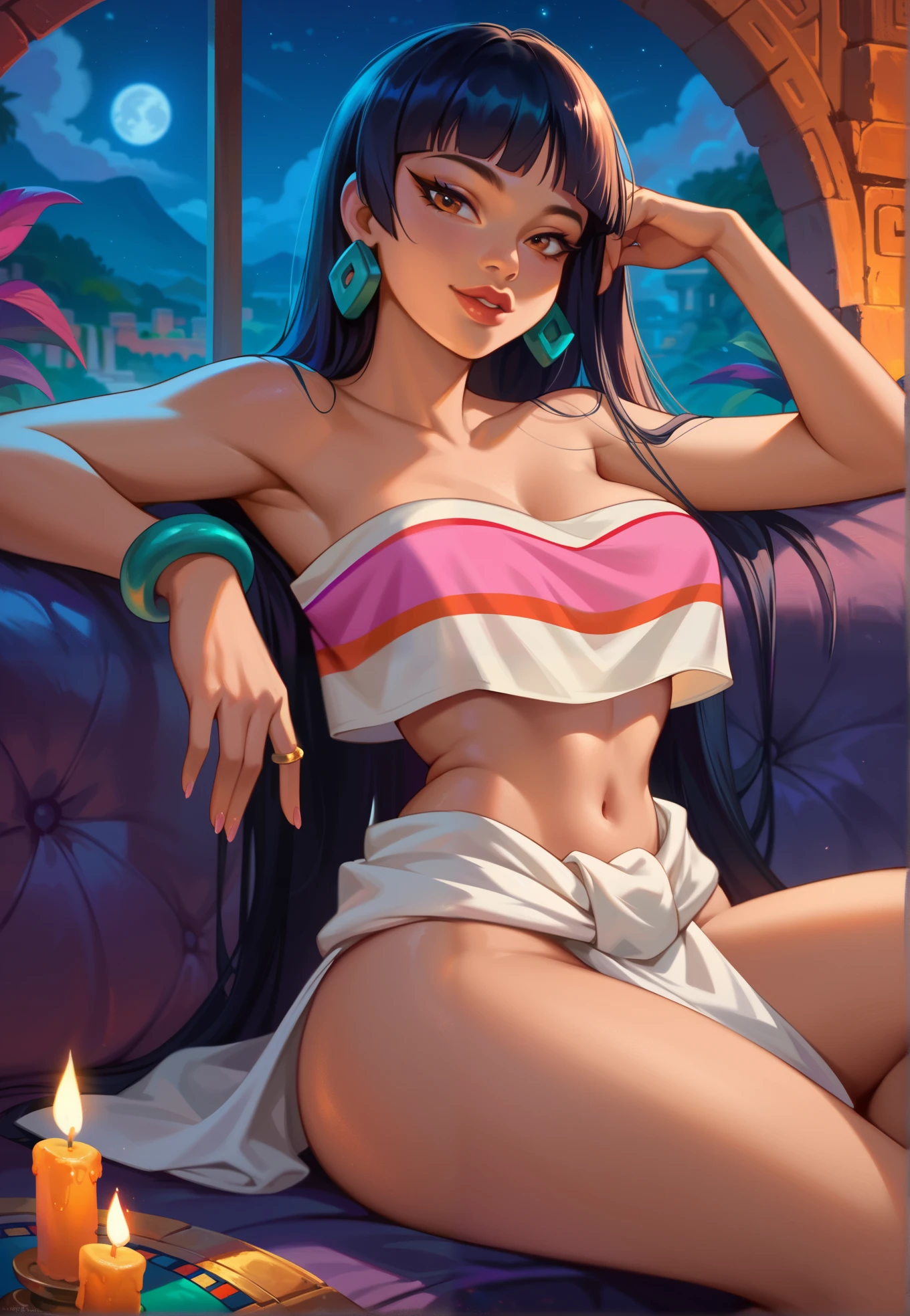 1girl, 4k, Chel, The Road to El Dorado, vibrant colors, masterpiece, sitting on a couch in a living, sexy pose, close up, BREAK, night time, candles in the background,