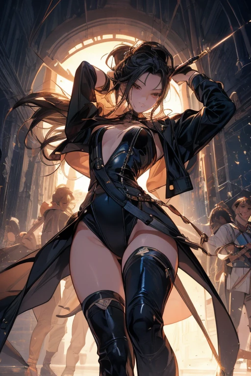 Realistis, 1girl huge large breasts, gray hairs, Purple eye, japanese armor, The light from the back window is backlighted, light particules, llight rays, wall-paper,Black gloves
