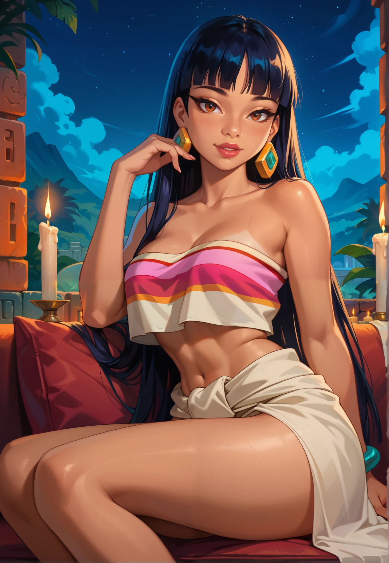 1girl, 4k, Chel, The Road to El Dorado, vibrant colors, masterpiece, sitting on a couch in a living, sexy pose, close up, BREAK, night time, candles in the background,