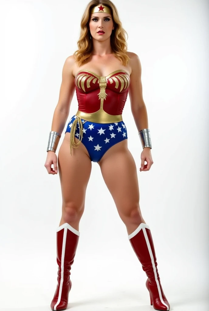 ((photo by full body, standing, Feet on the ground))A AshleyLane, wonder woman - DC, neutral background, white background, blonde hair
