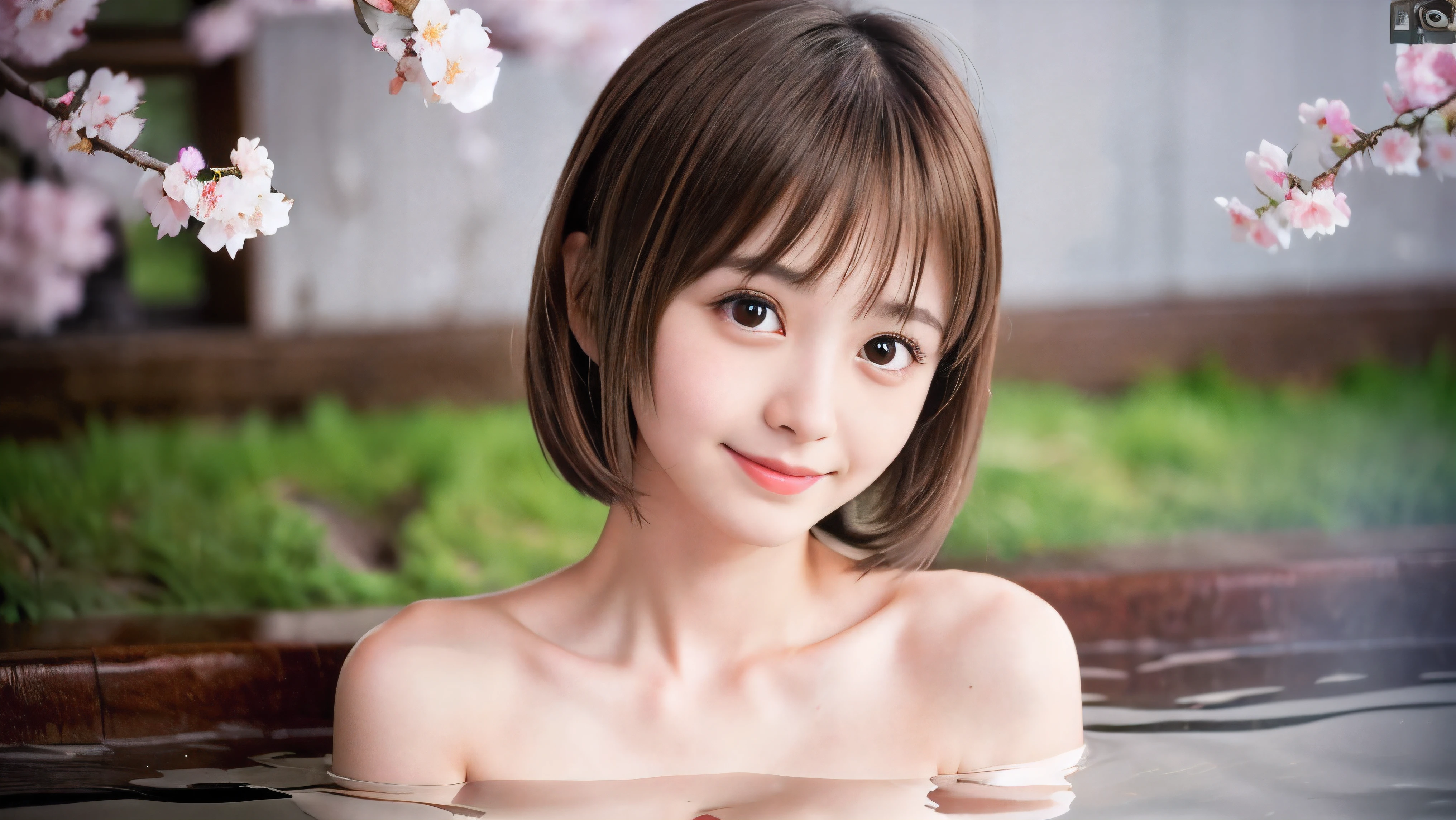 (High angle shot of a naked slender small breasts round face brown short hair with bangs girl:1.5)、(Naked girl is soaking in a milky color Japanese onsen outdoors and looking up the sky with small smile:1.5)、(Outdoor Japanese onsen with milky white color and it has full bloom cherry blossoms:1.5)、(blurred background:1.5)、(Natural light:1.5)、(8k ultra detailed master piece:1.5)、(perfect anatomy:1.5)、(Photorealistic stick:1.5)、(Raw photo:1.3)、(highest quality:1.5)、(High resolution:1.3)、(Delicate and beautiful perfect face:1.3)、(Delicate and beautiful eye air skin:1.3)、(Real Human Skin:1.3)、((thin legs))