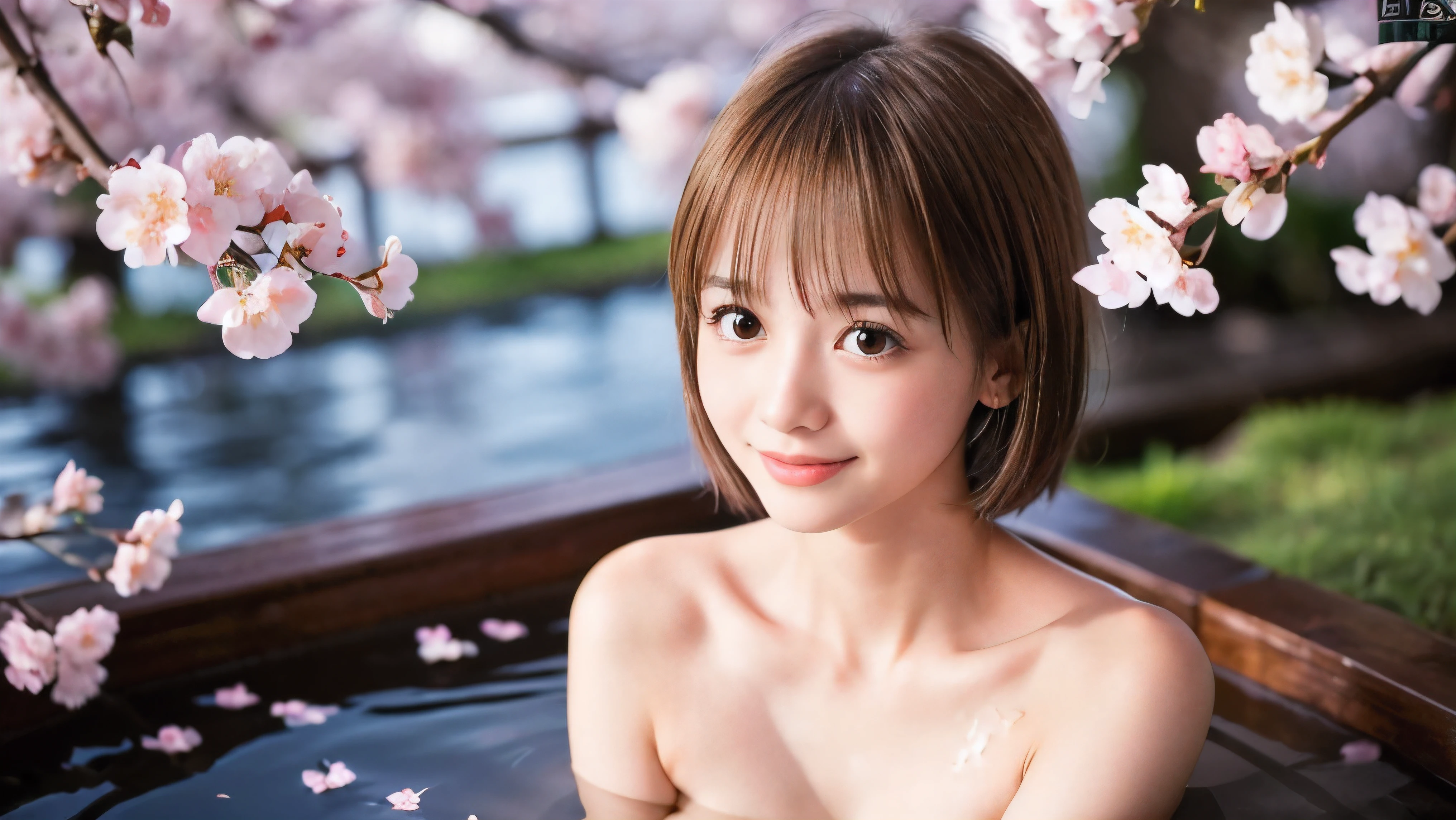 (High angle shot of a naked slender small breasts round face brown short hair with bangs girl:1.5)、(Naked girl is soaking in a milky color Japanese onsen outdoors and looking up the sky with small smile:1.5)、(Outdoor Japanese onsen with milky white color and it has full bloom cherry blossoms:1.5)、(blurred background:1.5)、(Natural light:1.5)、(8k ultra detailed master piece:1.5)、(perfect anatomy:1.5)、(Photorealistic stick:1.5)、(Raw photo:1.3)、(highest quality:1.5)、(High resolution:1.3)、(Delicate and beautiful perfect face:1.3)、(Delicate and beautiful eye air skin:1.3)、(Real Human Skin:1.3)、((thin legs))