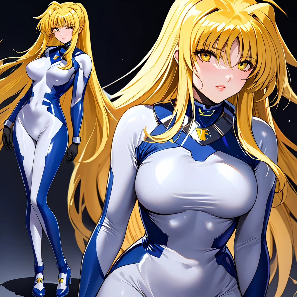 (( top quality )), ((masterpiece)), ( Details), （perfect face）、Blonde Fate Testarossa wears a blue full-body number suit and poses in a sexy pose showing her whole body