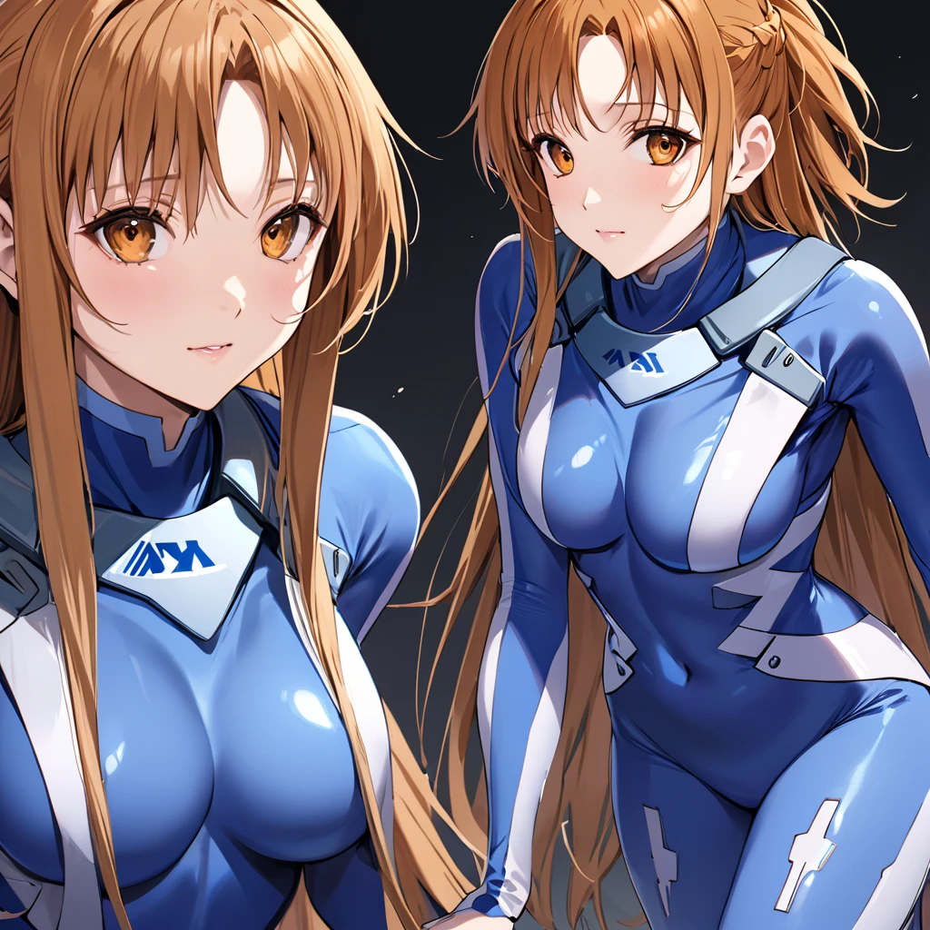 (( top quality )), ((masterpiece)), ( Details), （perfect face）、Yuki Asuna with bright brown hair wears a blue full body suit number suit and poses in a sexy pose showing her whole body