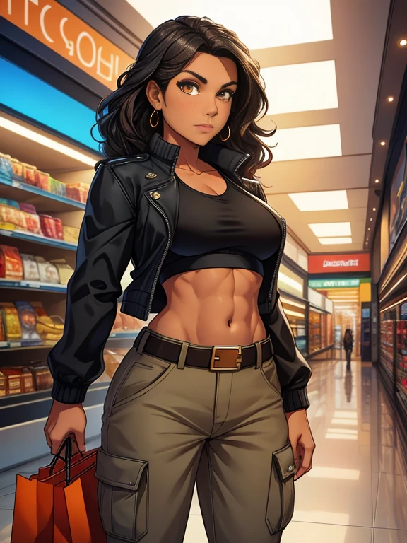 8K, (best quality:1.3), (masterpiece:1.3), (detailed:1.2), ultra high res, colorful, extremely detailed eyes and face, beautiful detailed eyes, 1girl, solo, (26 year old:1.3), (Filipino Woman:1.3), (tanned bronze skin:1.4), (short black hair:1.3), (Amber eyes:1.02), (Detailed face:0.97, (Detailed eyes:1.09), (Mascara:1.02), (Earrings:1.06), (tanned bronze skin:1.08), (Wearing: Blue unzipped jacket, orange undershirt, tight jeans, belt:1.2), (agile physique:1.1), (Character Focus),Perfect Anatomy,(Professional Lighting), Looking at Viewer,(Walking), (Smiling),blush,(super detailed skin), (Parted lips:1.1),(Glossy lips),(lip stick), (Ideal ratio body proportions:1.1), (Holding shopping bags), (Background: indoors, shopping mall), full body,
