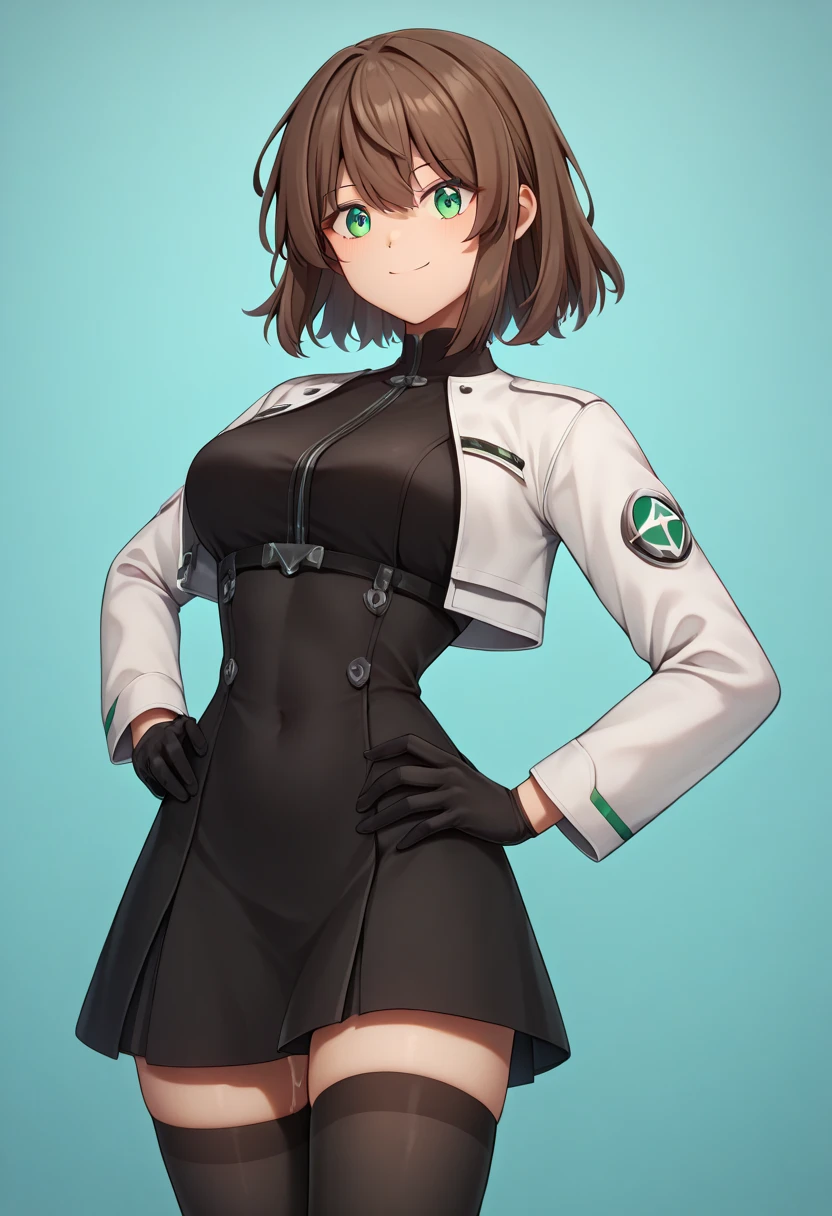 masterpiece,  top quality ,   GREAT QUALITY ,  very aesthetic ,  absurd,   put your hands on your hips, smile,  
  1 girl,akino ,medium hair,brown hair,green eyes,
 poliucos ,black dress,black gloves,white cropped jacket,black thighhighs,( rezei ),dripping semen