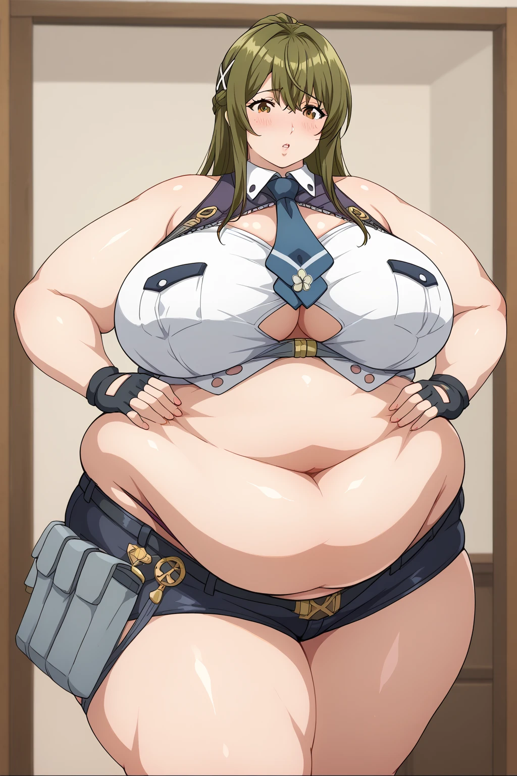 Chitose Kisaragi,belly button,  shorts,  fingerless gloves ,  brown hair ,  brown eyes, midriff, Pouch,  summary hair ,  black gloves,  ties,  green hair, underwear, short  shorts, belt,  panties ,  crop top,  sleeveless, Bare shoulders, bangs,  ,Obese middle-aged woman, troubled expression, embarrassing expression ,milf, chubby,(bedroom), score_9,  score_8_ up、 score_7_ up、 score_6_ up、 score_5_ up、 score_4_ up、 masterpieces at the front door of the house、 top quality , A beautiful woman with an obese figure,  absurd、 source_ anime anime screencap,  one woman、Alone、 personal  、Super huge breasts,  super huge clevis、Super huge, Super huge boob,Curvy、 wide hips、