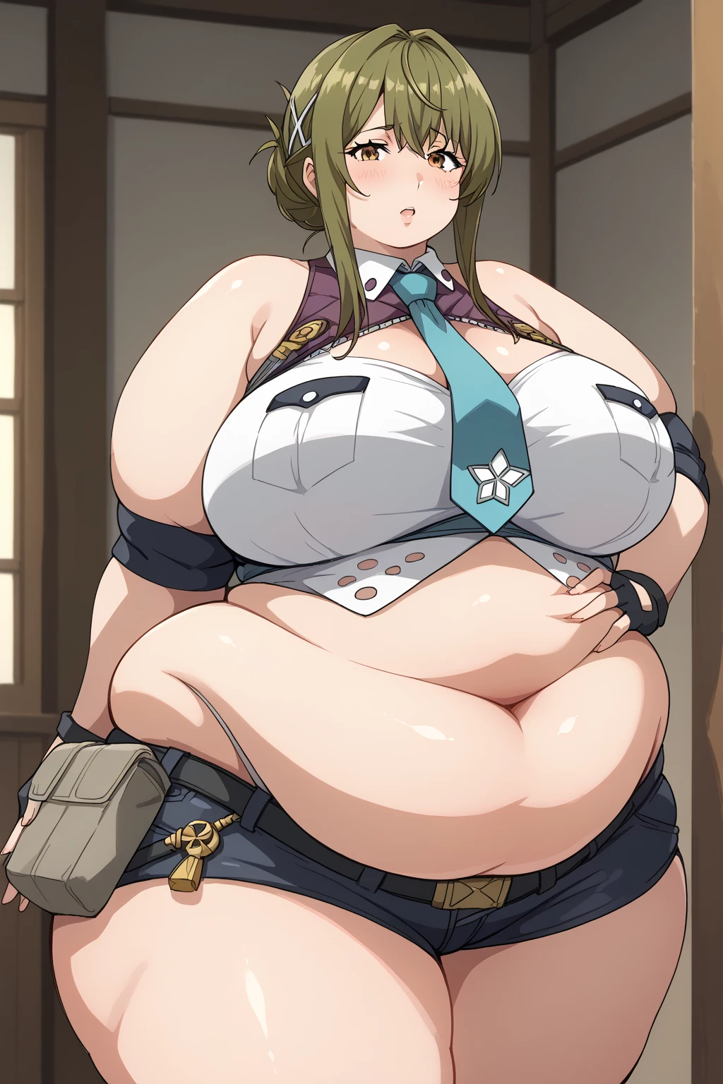 Chitose Kisaragi,belly button,  shorts,  fingerless gloves ,  brown hair ,  brown eyes, midriff, Pouch,  summary hair ,  black gloves,  ties,  green hair, underwear, short  shorts, belt,  panties ,  crop top,  sleeveless, Bare shoulders, bangs,  ,Obese middle-aged woman, troubled expression, embarrassing expression ,milf, chubby,(bedroom), score_9,  score_8_ up、 score_7_ up、 score_6_ up、 score_5_ up、 score_4_ up、 masterpieces at the front door of the house、 top quality , A beautiful woman with an obese figure,  absurd、 source_ anime anime screencap,  one woman、Alone、 personal  、Super huge breasts,  super huge clevis、Super huge, Super huge boob,Curvy、 wide hips、