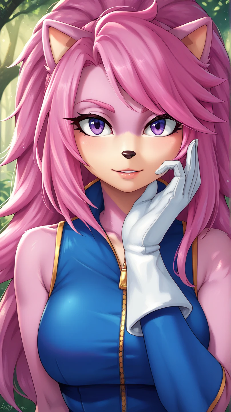  Julie-su The Echinda form sonic the hedgehog (series), (pink body/fur), (pink hair), (backround: forest), (detailed backround), (masterpiece), (high details), (facing the viewer:1.3), (looking at the viewer:1.3), (purple eyes),purple IncursioDipDyedHair,   blue jumpsuit, white gloves, sleeveless 