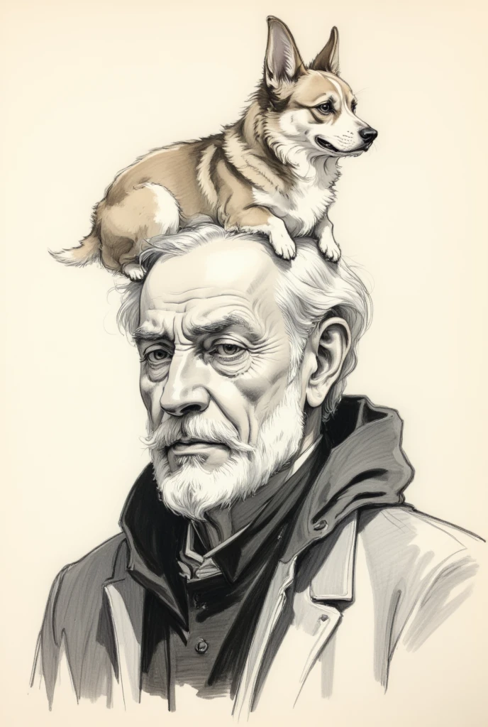 An old man with a corgi on his head, portrait, monochrome,Drawn with traditional Japanese brushes,