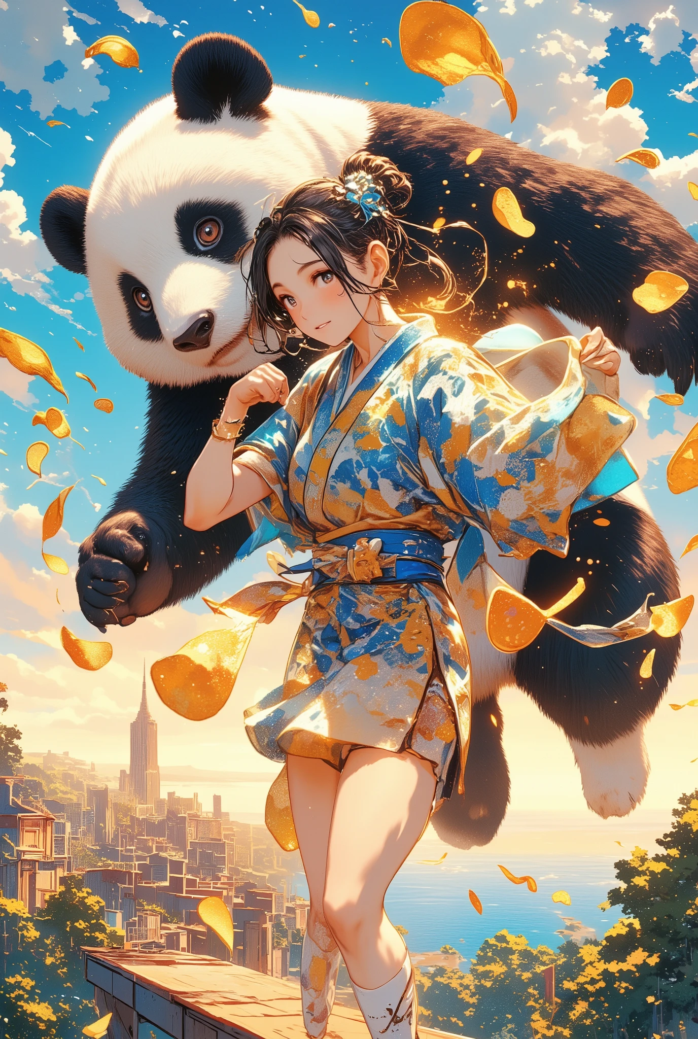 Nat King Cole's music in the background, Have a happy new year!, Poteto chips fly, New Year illustration, Kaleidoscope, Beautiful dance of female fighter, be varied, variety, Panda's bushy fur, Big Panda and high sky, Trandy female fighter and panda, Great episode!, Female fighter wear beautiful kimonos, gymnasium, A female fighter and a panda in a game of Hagoita, Beautiful knees of female fighter