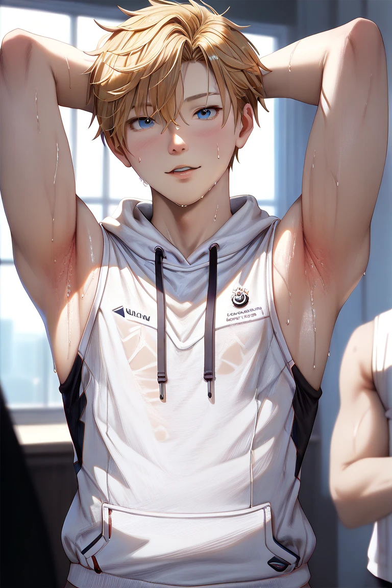 Sweat armpit, boy, sleeveless white hoodie, showing armpit, sunny day, anime, SDXL (1:2), detailed, HD