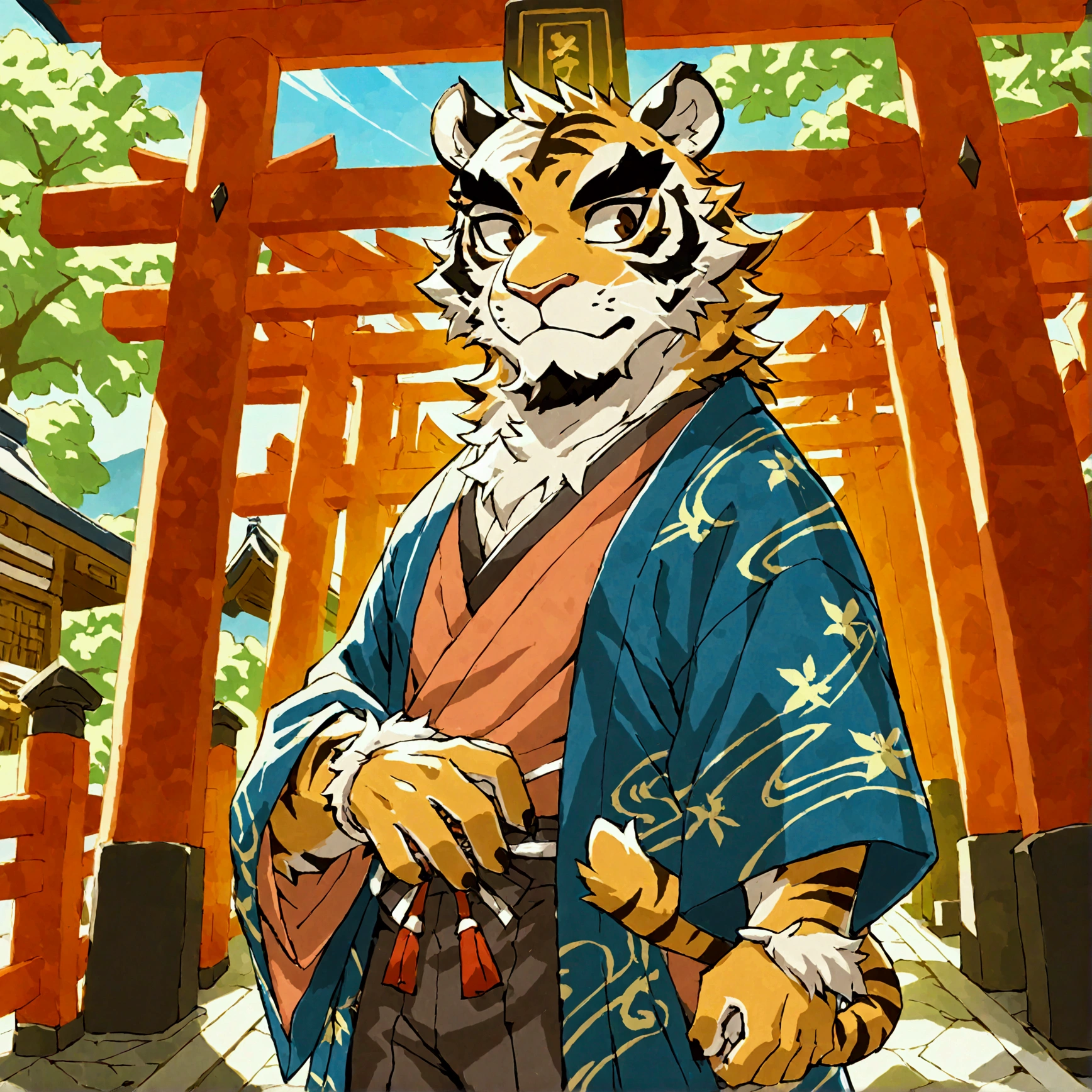 character focus, full body, looking away, dynamic angle, onmyoji, middle-aged Japanese tiger man, robe costume clothes, shirt, pants, serious, standing arms rised in the air, searching for stars, elegant pose, dynamic pose, BREAK full body in Michelangelo Buonarroti style, housamo style, digital illustration anime, detailed painting landscape, starry sky, kyoto, Japanese shrine, outdoor, full color, HDR, BREAK complete anatomy, perfect proportions, beautiful thigh gap, fluffy body, intricate fur details, beautiful fur texture, BREAK a detailed tiger 1tail, detailed toe, 4toes, 4toes nails, detailed foot, detailed hands, 5fingers, 5fingers nails, BREAK aesthetic anime face, insanity detailed face, male face, big face, square jawline, aesthetic anime eyes, detailed brown eyes, detailed brown cornea, detailed dark brown irises, detailed pupils, male eyes, big eyes, male eyebrows, innocent look, beautiful beard, BREAK masterpiece, official art, best quality, very aesthetic, absurdres, super fine illustration, great quality, BREAK noise reduction, very highres, large filesize, high quality, 32K, 8k wallpaper, dynamic lighting, BREAK insanity detailed, ultra detailed, intricate details, extremely detailed, detailed texture, an extremely delicate and beautiful, BREAK e621 illustration, osukemo, kemohomo, anthropomorphic, furry, cartoon, harmonious, pastoral face, virtuous eyes, mysterious atmosphere