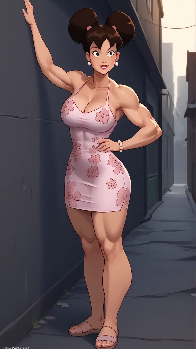 Fullbody view, Denise Milani as a private detective, dark alley, discovering a mystery, is very muscular and beautiful, massive bulging musculature, she wears floral minidress, deep decollete, muscles bulging under the fabric