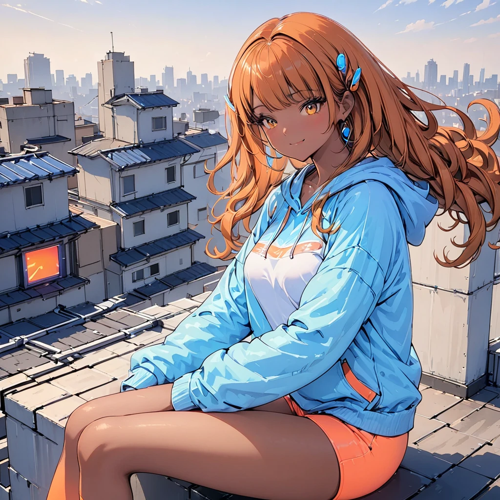 Neon orange hair, yellow eyes, tanned skin, sitting on rooftop, High Resolution, Masterpiece, Anatomically Correct, (medium tone skin), 1girl,  Long Hair, caramel toned skin, Parted Bangs, Curly Hair, Earrings, Neon orange curly hair, Closed Mouth, Smile, Blue eyes, Yellow Eyes, tanned skin, Out Of Frame, tanned skin, neon filter, (caramel toned skin:1.5), Parted Bangs, Neon orange hair, tanned skin, medium tone skin, colorful hoodie, colorful leggings, 1girl