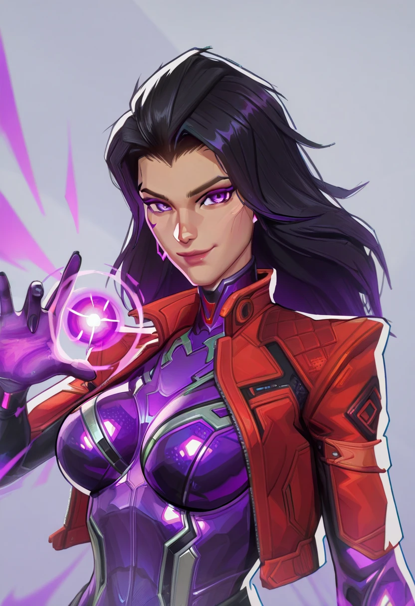 r1vals, 1girl, solo, black hair with purple gradient, purple latex suit, red jacket, smile, simple background, grey background, looking at viewer, upper body, long hair, breasts, bare fingers, lips, latex purple suit, energy purple eyes, energy core 