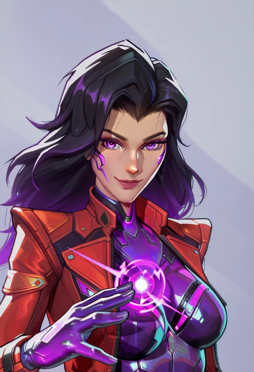 r1vals, 1girl, solo, black hair with purple gradient, purple latex suit, red jacket, smile, simple background, grey background, looking at viewer, upper body, long hair, breasts, bare fingers, lips, latex purple suit, energy purple eyes, energy core 