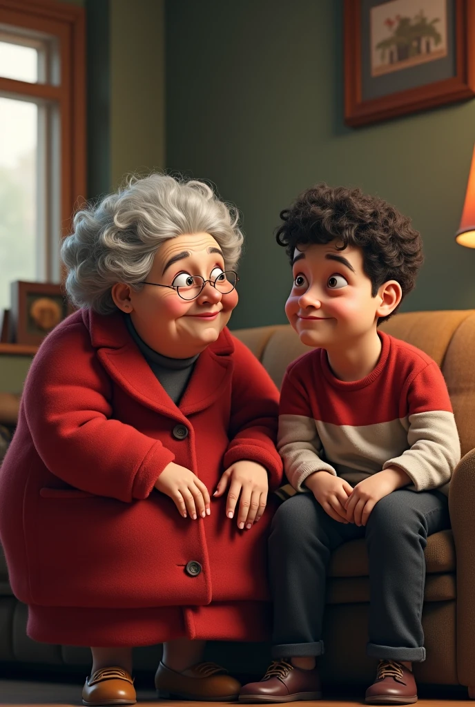 An elderly curly-haired, fat woman in a red coat, talking to her curly-haired, flat-top son in a red and white shirt and black pants, who is sitting with a bored face listening to his mother.