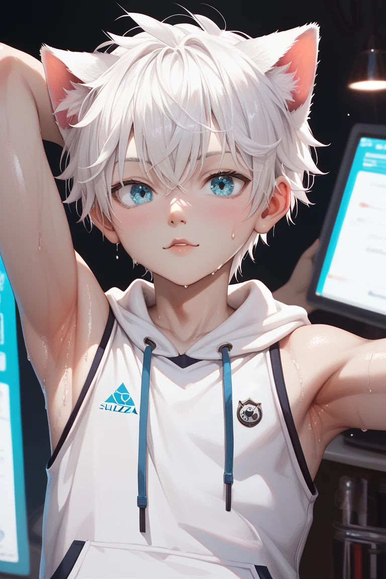 Sweat armpit, young boy, sleeveless white hoodie, showing armpit, white hair, azure eyes, anime, cat ear, SDXL (1:2), detailed, HD