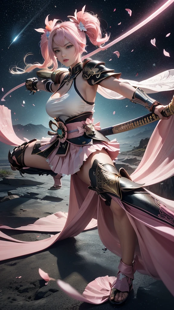  young woman, warrior,(wielding a katana_weapon:1.3), very detailedな, realisti,seductive smile,((Combat Stance:1.8)),(()) ((bird's-eye view)),  Brilliant Appearance , Creative Action,  extremely detailed, Imaginative,  sensual, spontaneous ,  top quality ,  skin texture, ((absurdly long hair,twintails)),((Pastel pink:1.6)), (led eyes), toned body ,(huge breasts:1.6), plump thighs, ( white pink armor with a cosmos flower pattern engraved ),(( leather samurai armor knight)), bikini type design that emphasizes chest exposure ,(sideboob),  Wear a white pink cape with a cosmos flower pattern , ((ruffled skirt:1.3)), White shin guard with a cosmos flower pattern engraved on it , Black high-leg underwear ,  Black Tights ,  absolute domain,  Intricate Details  , (( blue sky:1.3)),((Meteor shower:1.3)),(()), ((Cosmos flower petals background:1.3)), ((Cosmos flower petals:1.3)), ((Cosmos flower petals dancing in the wind:1.3)),( Cosmos flowers in full bloom ),(前面に Cosmos flowers in full bloom ), (confetti),  RAW photos , 8k, masterpiece,  top quality , ultra detail, very detailed,  Intricate Details  , high res,超 Intricate Details , very detailed 8k cg wallpaper,