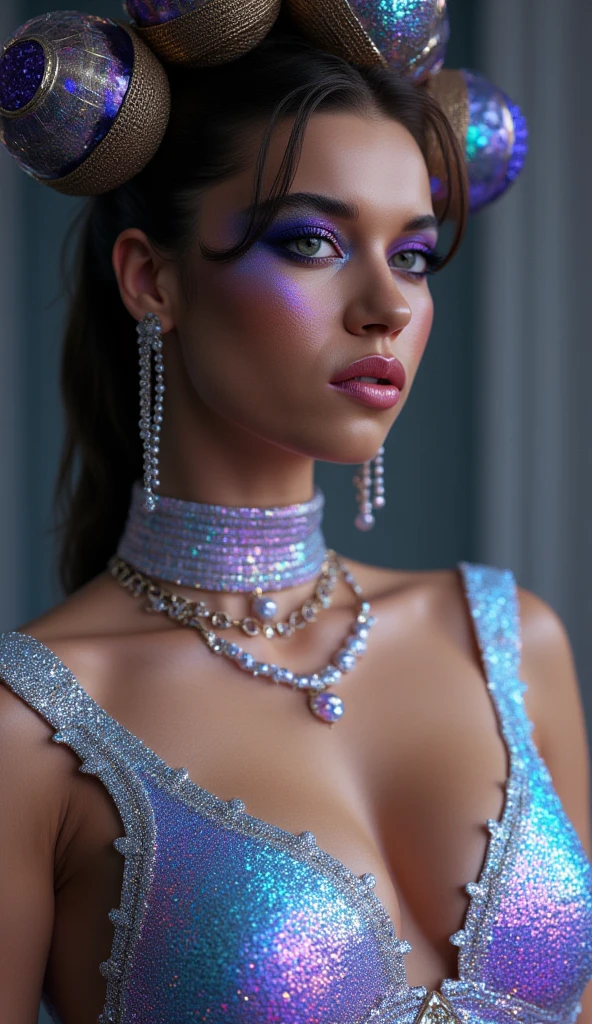 Gorgeous european woman with short hair, short hair, wet hair, hair slicked back, combed straight back, slick hair, blaxk gradient hair, dressed as Barbie in pink and blue, jewelry, cleavage, glamour, solid dark grey background