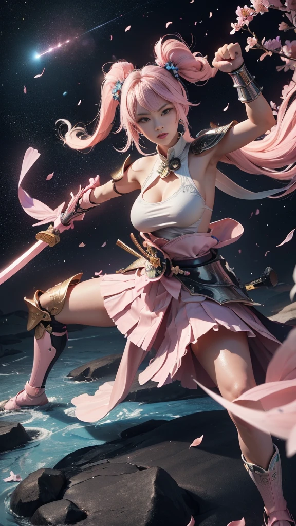  young woman, warrior,(wielding a katana_weapon:1.3), very detailedな, realisti,seductive smile,((Combat Stance:1.8)),(()) ((bird's-eye view)),  Brilliant Appearance , Creative Action,  extremely detailed, Imaginative,  sensual, spontaneous ,  top quality ,  skin texture, ((absurdly long hair,twintails)),((Pastel pink:1.6)), (led eyes), toned body ,(huge breasts:1.6), plump thighs, ( white pink armor with a cosmos flower pattern engraved ),(( leather samurai armor knight)), bikini type design that emphasizes chest exposure ,(sideboob),  Wear a white pink cape with a cosmos flower pattern , ((ruffled skirt:1.3)), White shin guard with a cosmos flower pattern engraved on it , Black high-leg underwear ,  Black Tights ,  absolute domain,  Intricate Details  , (( blue sky:1.3)),((Meteor shower:1.3)),(()), ((Cosmos flower petals background:1.3)), ((Cosmos flower petals:1.3)), ((Cosmos flower petals dancing in the wind:1.3)),( Cosmos flowers in full bloom ),(前面に Cosmos flowers in full bloom ), (confetti),  RAW photos , 8k, masterpiece,  top quality , ultra detail, very detailed,  Intricate Details  , high res,超 Intricate Details , very detailed 8k cg wallpaper,