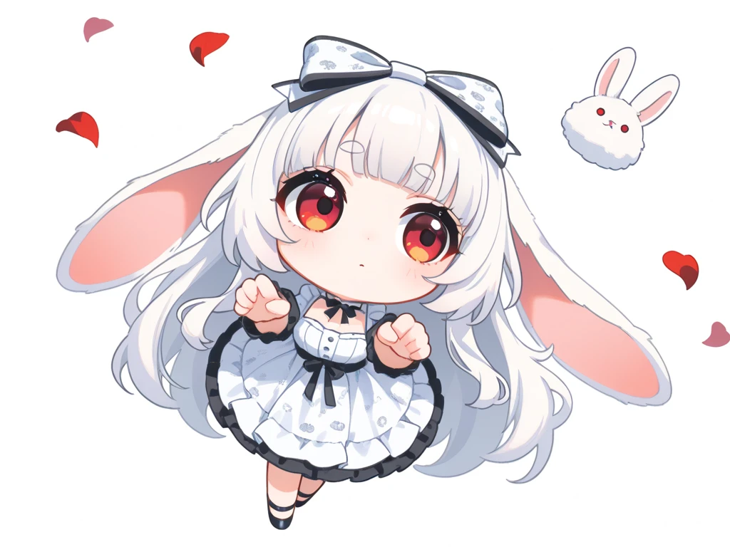 solo,1girl\((chibi:1.5),cute,kawaii,(white hair:1.4),(very long hair:1.6),bangs,(ear\(fluffy,white,rabbit-ear\):1.4),red eye,big eye,beautiful shiny eye,skin color white,printed big black hairbow,(white frilled dress:1.3),breast,cute pose,cute hand sign,looking away,dancing, performancing,full body\),background\(rose petals, by the beautiful lake,((beautiful sunny day))\),close-up girl,dynamic angle,3d,(((dynamic pose))),from above,masterpiece,best quality,newest,