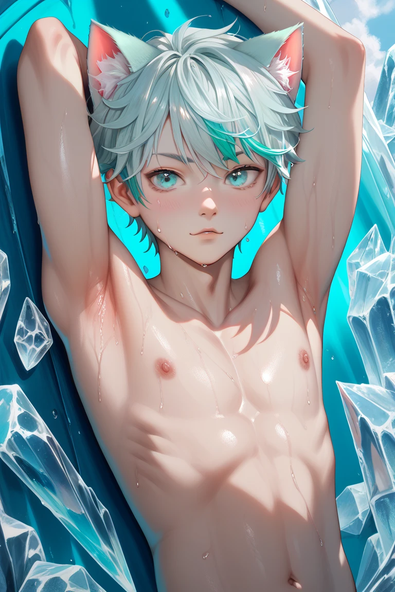 Sweat armpit, young boy, shirtless, showing armpit, ice-color hair, mint eyes, anime, cat ear, SDXL (1:2), detailed, HD