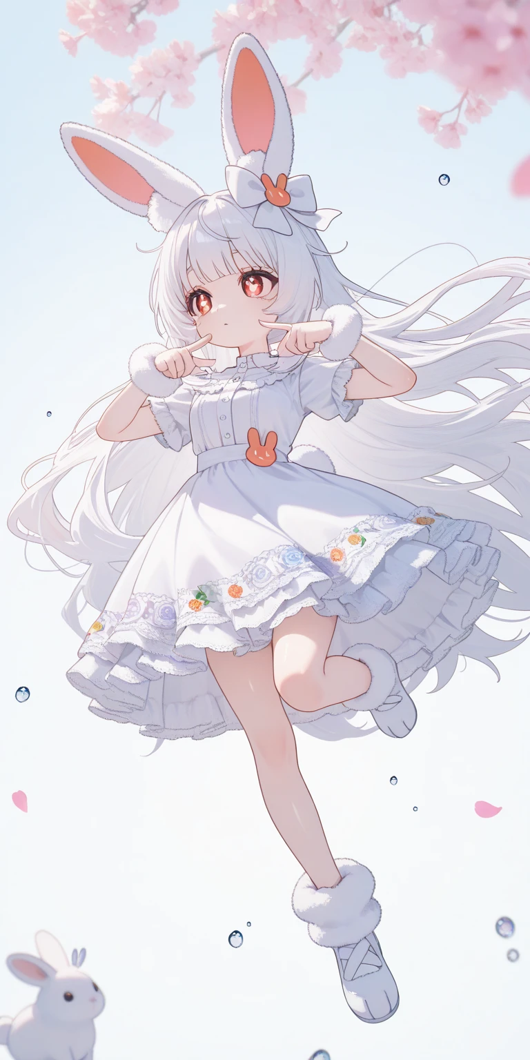 (solo:1.2),1girl\(chibi,cute,kawaii,(white hair:1.4),(very long hair:1.6),bangs,(ear\(fluffy,white,rabbit-ear\):1.4),red eye,big eye,beautiful shiny eye,detailed pupils,skin color white,big black hairbow\(with print\),(cute white frilled silky dress:1.3),breast,cute pose,cute hand sign,korean idol pose,(cute symbol mark in eye),wrist fur,rabbit-tail,shiny skin,shiny hair,full body,1r1d3sc3nc3, slightly (smile:0.5),looking away\),colorful roses petals, beautiful water drops,beautiful day,fairy tale atmosphere,close-up girl,3d,(((dynamic pose))),masterpiece,best quality,newest,dynamic angle