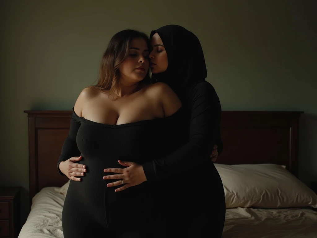 2woman,45 years Old, Hijab Indonesian mature woman, Big : 12.9, bikini suit,curvy body, full body, sharing lustful kiss, hug and groping bteas, professional shot, at doctor office.