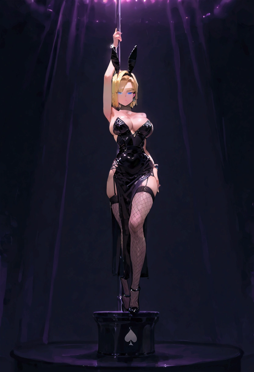 1girl, solo, android 18, blonde hair, blue eyes, eyelashes, hoop earrings, short hair, earrings, standing up by pole, a woman standing by a bar pole dancing, wearing a black leather bunny outfit with bunny ears on her head, stockings, revealing dress, big breasts, fishnet stockings, visible black spade-shaped earrings dangling, pole dancers in the background, queen of spades symbol tattoo, blacked cover, HIGH closeup