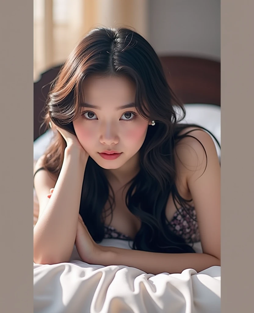 a beautiful Korean woman aged 15, long curly hair, bright white face, gray eyes, wet red lips, plump body, plump arms, beautiful fingers with red nails, large normal breasts, wearing cute patterned lingerie, big hips and plump thighs, smooth shining skin, ilaying on a white bed with a challenging pose, very realistic, 8K, high resolution