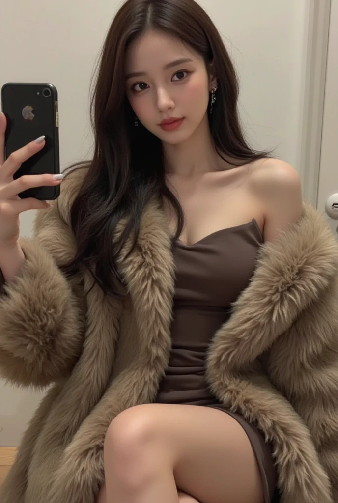 Beautiful stylist Young woman  , Slander Legs  , Korean actress face, long legs, detailed face , beautiful eyes ink art ,  Beautiful Lips, (((posing for a selfie))), wearing a brown fur coat., (((soft fur))),(thick and soft fur), (dense fur),model, ((slim)), ((20 years old)), (aegyo sal), ulzzang, (prettyface), aesthetic, indoor, posing, off-the-shoulder bodycon dress, (sharp jaw)