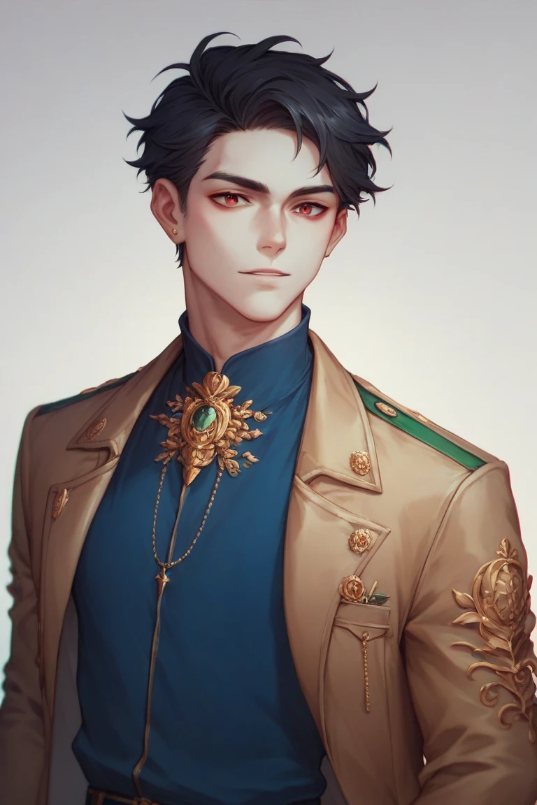 18 year old boy, Pale white skin, short and stylish black hair, red eyes,Wearing an elegant dark blue shirt, fine Italian jacket with gold details 