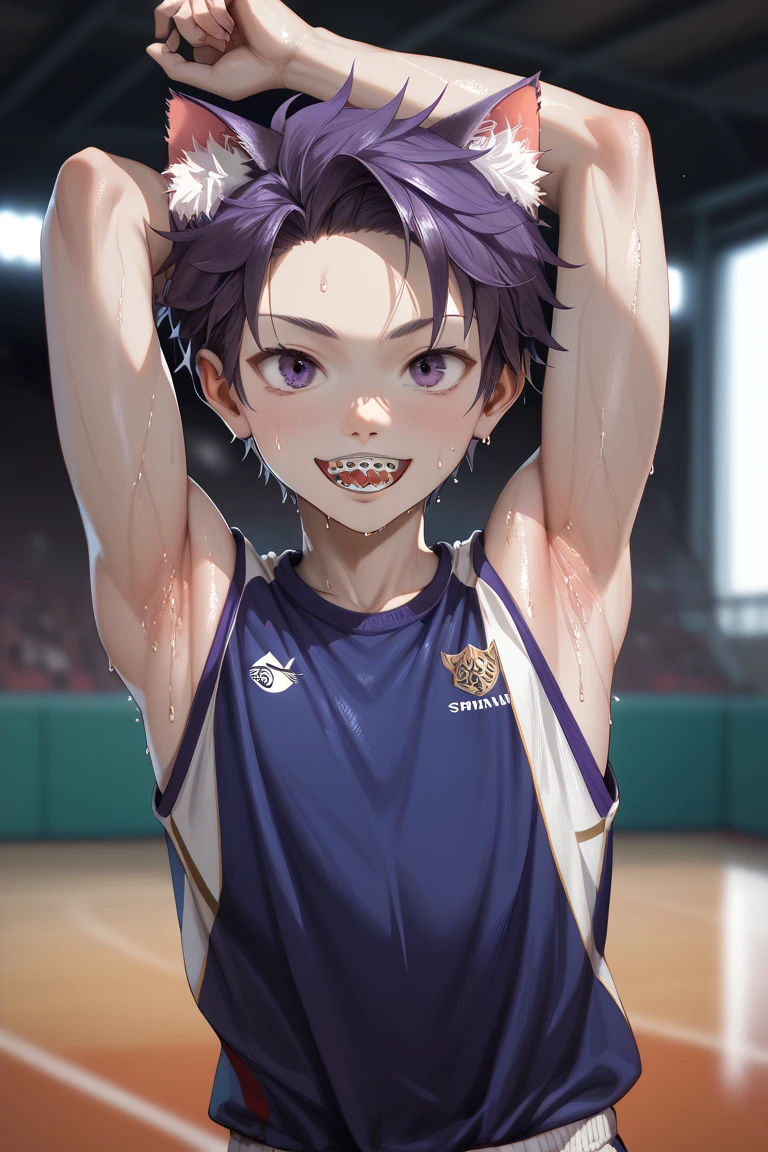 Sweat armpit, young boy, sleeveless shirt, sport long dark braces, showing armpit, dark purple hair, dark eyes, anime, sporty, cat ear, SDXL (1:2), detailed, HD