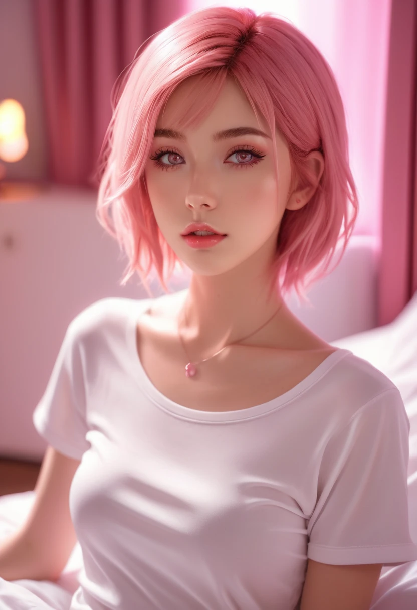 best quality, ultra high res, (photorealistic:1.4), (detailed beautiful girl:1.4), (medium breasts:0.8), looking_at_viewer, Detailed facial details, beautiful detailed eyes,pink hair, blue eyes, slender, haunting smile, (makeup:0.3), red lips, highly detailed clothes, (ulzzang-6500-v1.1:0.3)