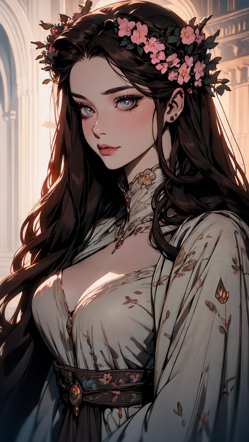 { - anatomy error}(Masterpiece - Ultra-detailed, very high resolution) moonlight, hyper-realistic of a mysterious woman with flowing black hair, ears of elf, piercing opal eyes, and a delicate lace crown, delicate smile, whole body, sitting on the ground
