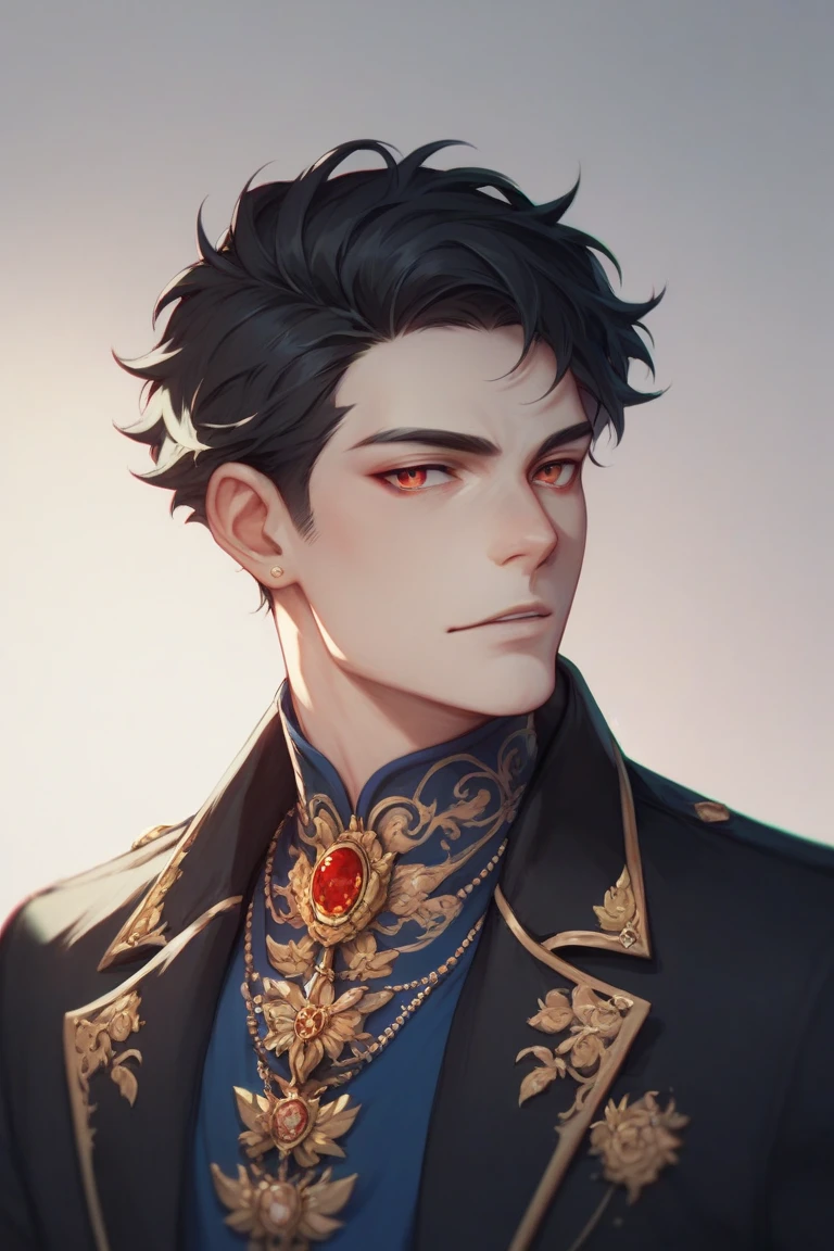 18 year old boy, Pale white skin, short and stylish black hair, red eyes,Wearing an elegant dark blue shirt, fine Italian Black jacket with gold details 