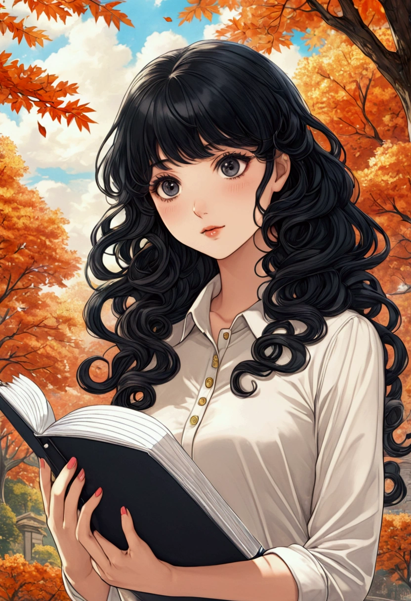 anime,  young woman ,  curly black hair,  black eyes ,  a planner , Fantasy, Fall in love 