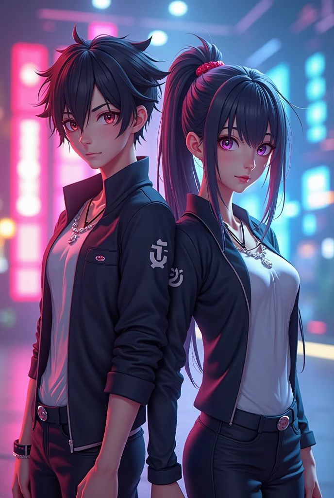 photo of a young man with an Indonesian face wearing a baseball cap and leather jacket, black jeans, with a splash of colored ink theme, the theme is holding a multi-colored aura ball, accompanied by a beautiful girl kissing romantically, unique and cool design, FHD 24k, and there are cool and clear writing called "KA'KECCEW", with correct and perfect spelling, below the picture