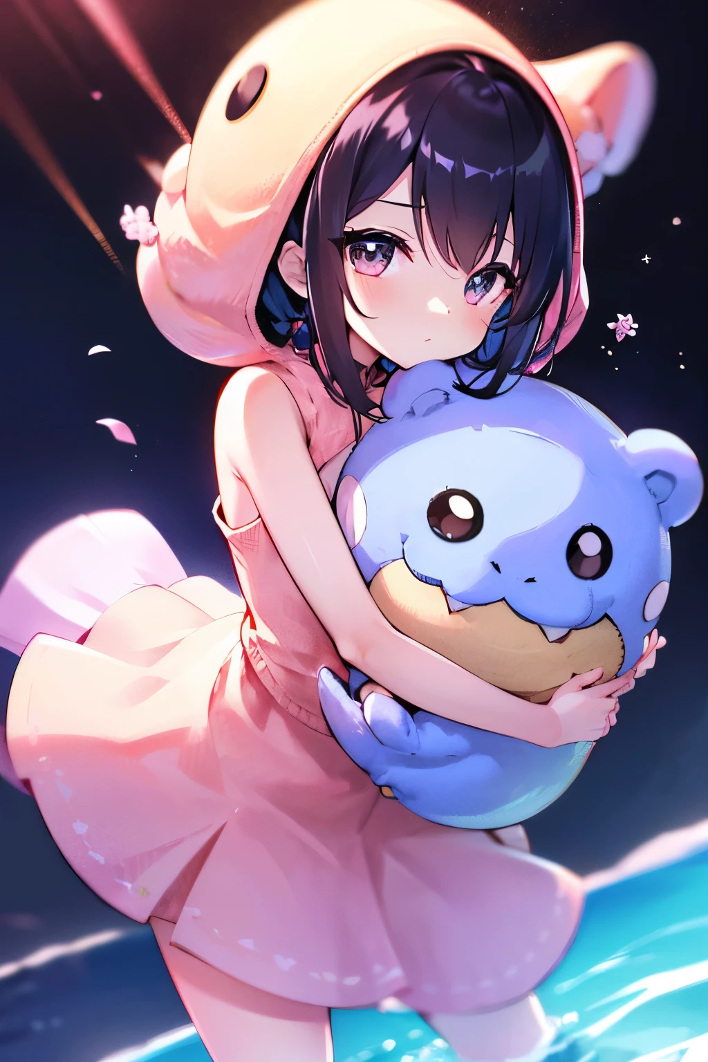 bright color, Delicate Light , 超 high res, Attention to Details , High Quality , high res, 最 High Quality , 4K, 8k, (( cute girl)), ((1 girl hugging a cute stuffed animal spheal)), , anatomically accurate finger, pink dress , cute face, Black Hair Shortcut , Aquarium fish tank , A lot of fish